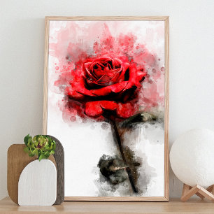 Impression Photo Art aquarelle d'une rose rouge sur fond blanc