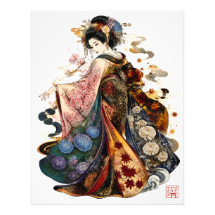 Impression Photo Art de Geisha japonaise Kimono et fleurs saisonn