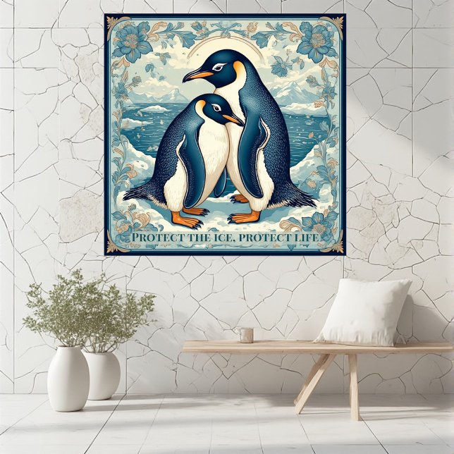 Impression Photo Art Deco Penguin Ice Bird Couple Snow Ocean Floral (Art Deco Penguin Ice Bird Couple Snow Ocean Floral Photo Print)