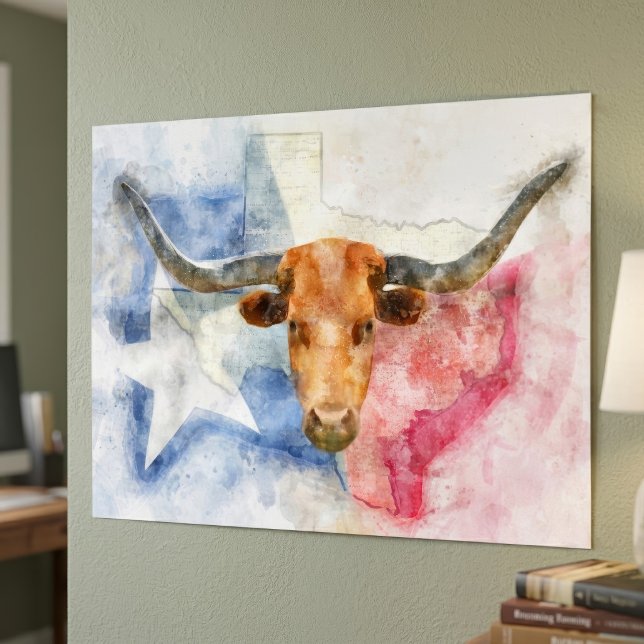 Impression Photo Art d'impression à l'aquarelle représentant une va (Texas Longhorn Cow and Flag Watercolor Print Art. Poster)