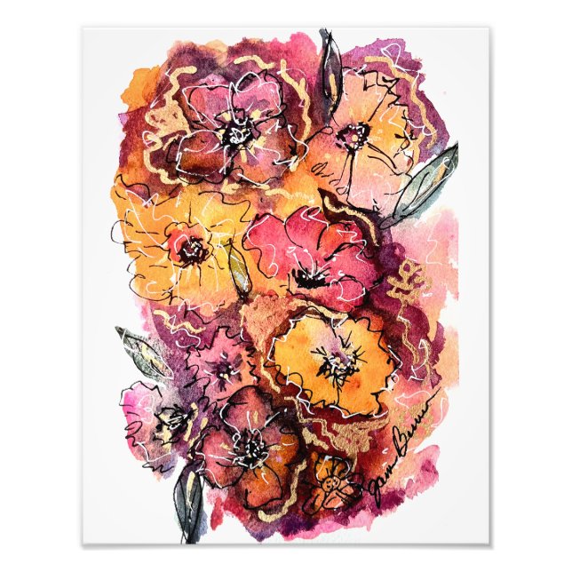 Impression Photo Artwork de fleurs d'aquarelle rose, orange et mage (Devant)