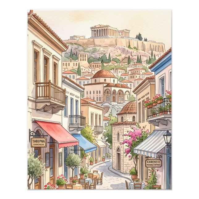Impression Photo Athènes charmant Grèce Rue Aquarelle (Devant)