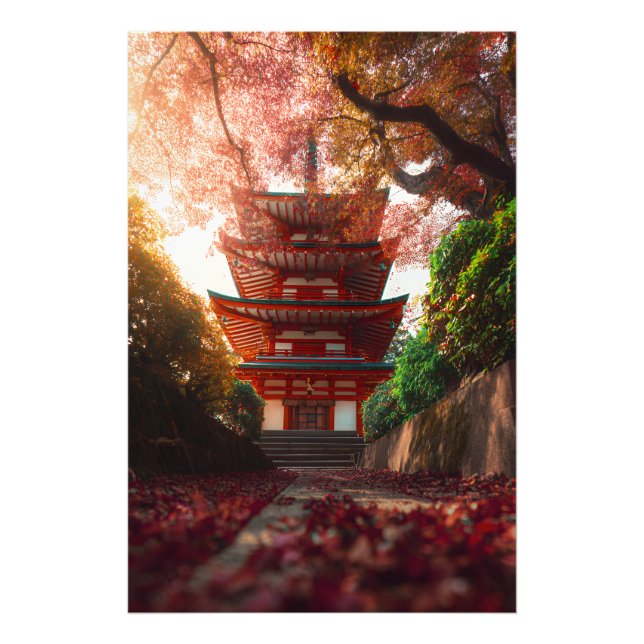 Impression Photo Autumn Maple Pagoda Temple Staircase Glow (Devant)