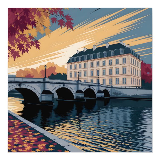 Impression Photo Autumn Riverside European City Illustration Art (Devant)