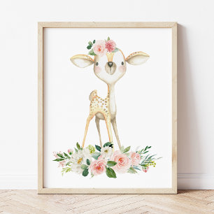 Impression Photo Baby Deer, Animaux Boisés, Boho, Fleurs Roses