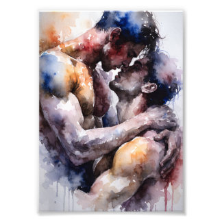 Impression Photo Baiser de couple gay intimiste à l'aquarelle