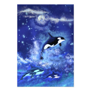 Impression Photo Baleines tueuses en Pleine lune - Dessin artistiqu