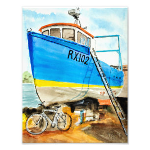 Impression Photo Bateau de pêche bleu à quai dessin à la ligne et l