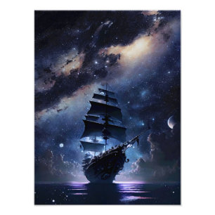 Impression Photo Bateau pirate sur la mer sous le ciel nocturne