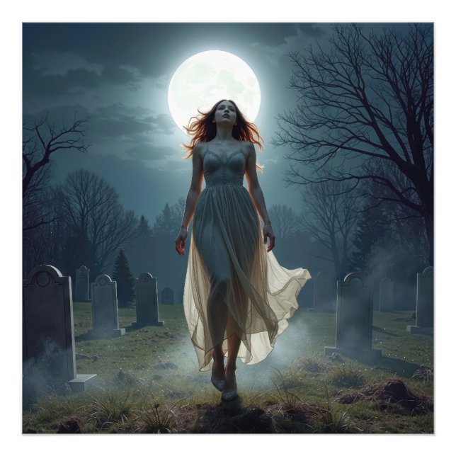 Impression Photo Beautiful Woman Walking In a Moonlit Cemetery (Devant)