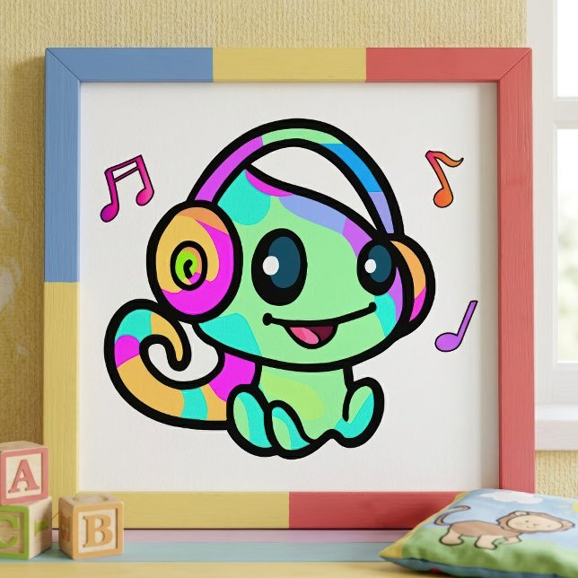 Impression Photo Bébé Caméléon Kawaii Souriant Mignon Avec Casque A (Cute Smiling Kawaii Baby Chameleon With Headphones. Photo Print)