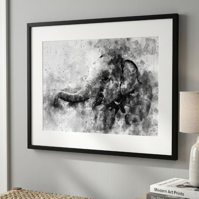 Impression Photo Bébé éléphant mignon en noir et blanc, art à l'aqu (Cute Baby Elephant Black and White Watercolor Art. Photo Print)