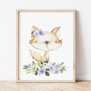 Impression Photo Bébé Fox, Bois Animaux, Boho, Fleurs violettes