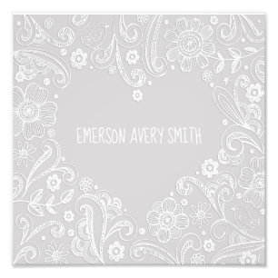 Impression Photo Bébé gris neutre blanc Nom du coeur