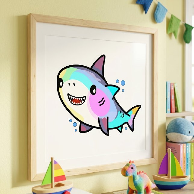 Impression Photo Bébé Requin Kawaii Adorable avec Pastels Arc-en-Ci (Adorable Kawaii Baby Shark with Rainbow Pastels. Photo Print)