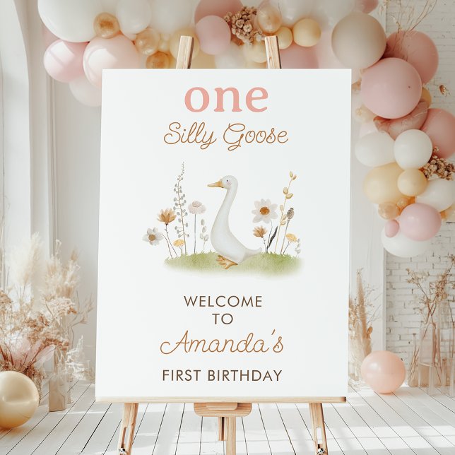 Impression Photo Beige Rustique Silly Goose 1ère Affiche de bienven (Girls One Silly Goose 1st Birthday Welcome Sign, One Silly Goose First Birthday Poster, Wildflowers)