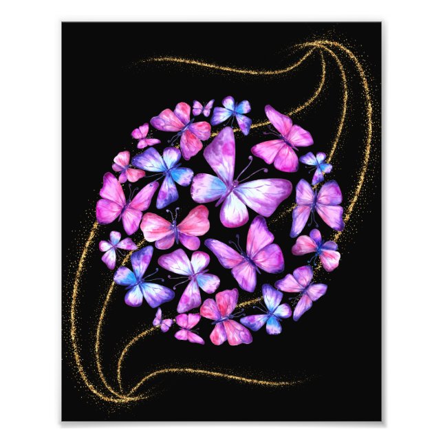 Impression Photo Belle Aquarelle Papillons avec Boule d'Or (Devant)