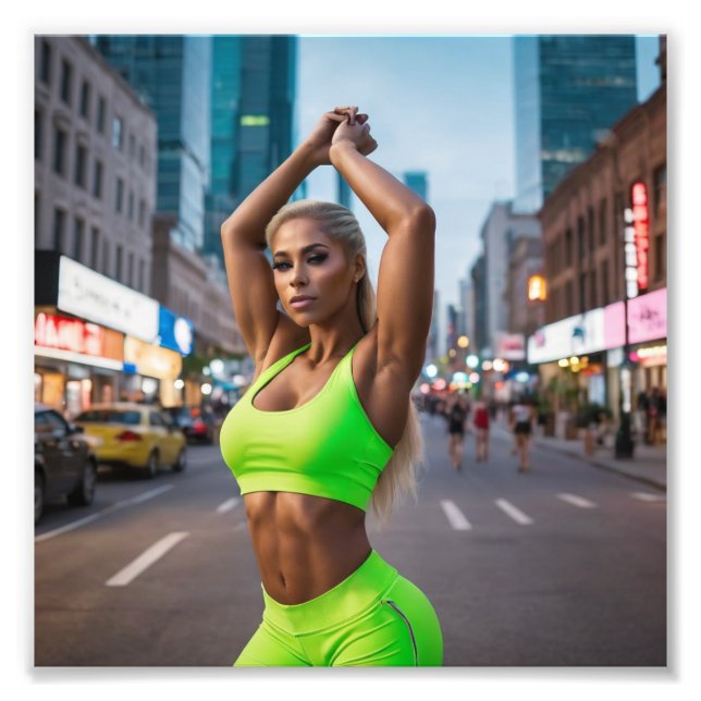 Impression Photo Belle Blonde Fitness Girl Posing dans Neon Green (Devant)