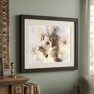 Impression Photo Belle et mignonne chatte joueuse aquarelle