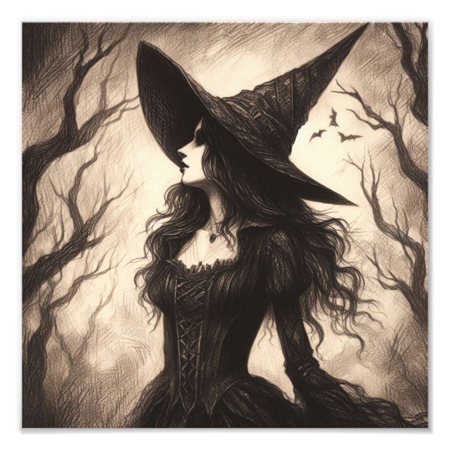 Impression Photo Belle Sorcière Éffrayant Goth Halloween Illustrati (Devant)