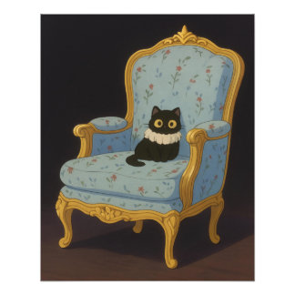 Impression Photo Black Cat on Blue Floral Armchair