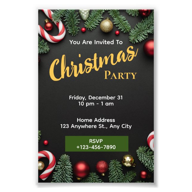Impression Photo Black Green Christmas Party Invitation Editable (Devant)