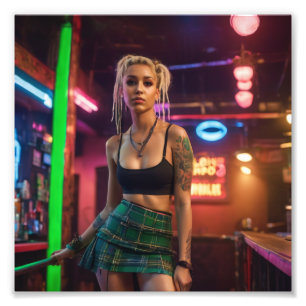 Impression Photo Blonde Dreads Punk Frill Tartan Skirt Girl in Bar