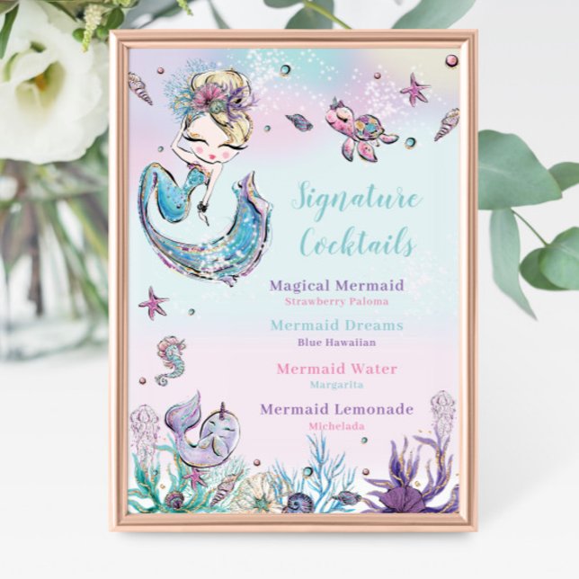 Impression Photo Blonde Sirène Anniversaire Signature Cocktail Menu (zazzle-mermaid-blonde-girl-under-the-sea-ocean-pool-birthday-baby-shower-signature-cocktails-sign)
