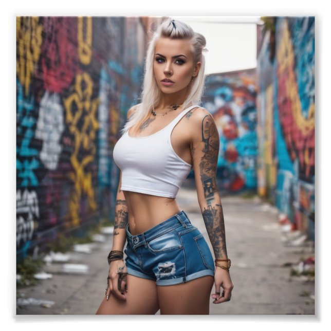 Impression Photo Blonde Tattoo Punk Girl in Graffiti Alley (Devant)