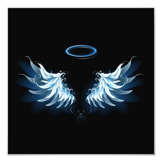 Impression Photo Blue Glowing Angel Wings on black background (Devant)