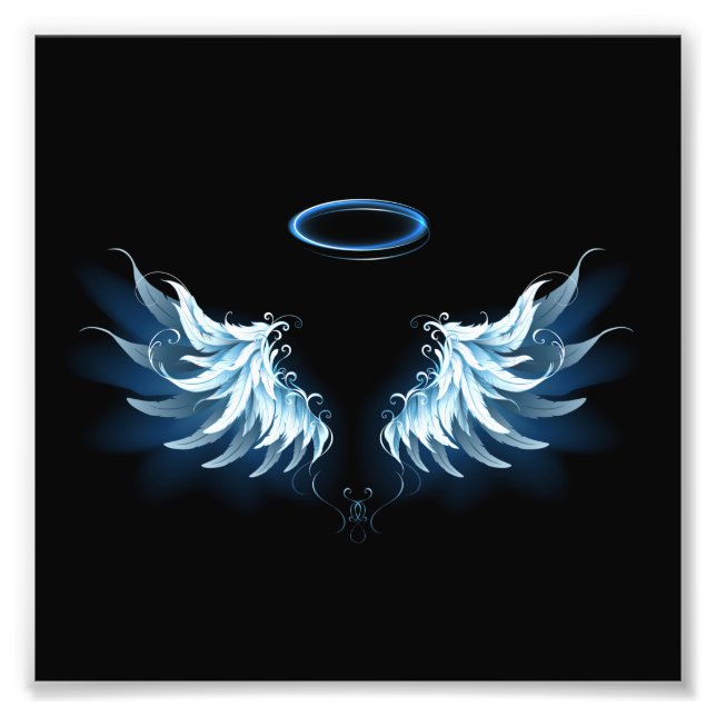 Impression Photo Blue Glowing Angel Wings on black background (Devant)