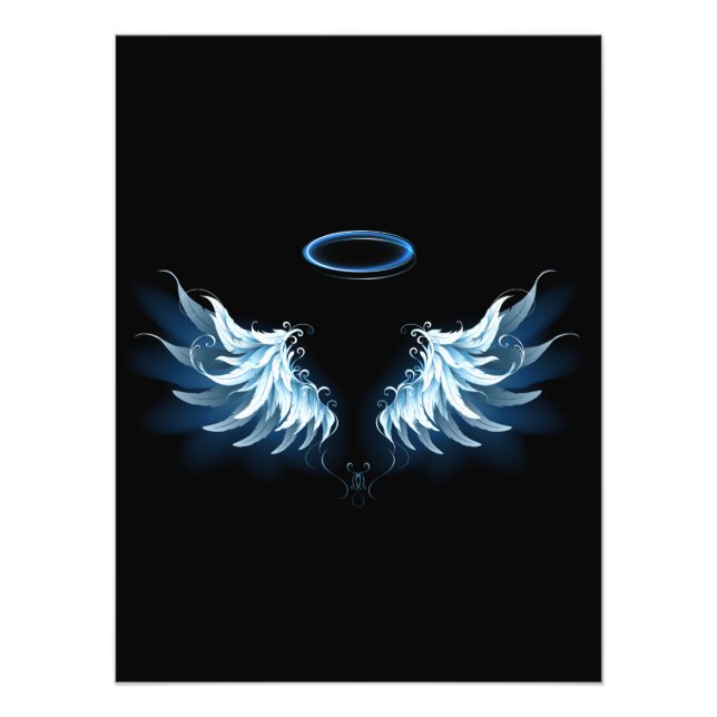Impression Photo Blue Glowing Angel Wings on black background (Devant)