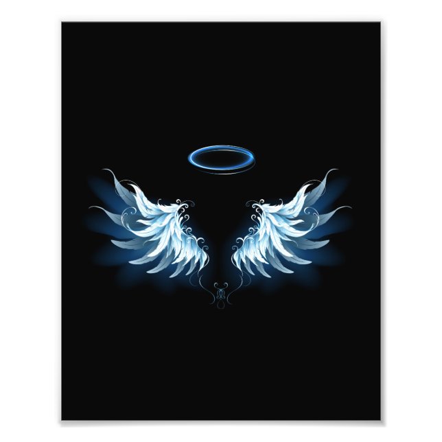 Impression Photo Blue Glowing Angel Wings on black background (Devant)