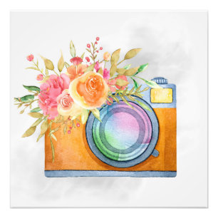 Impression Photo Boho Orange Caméra & Bouquet Floral Aquarelle