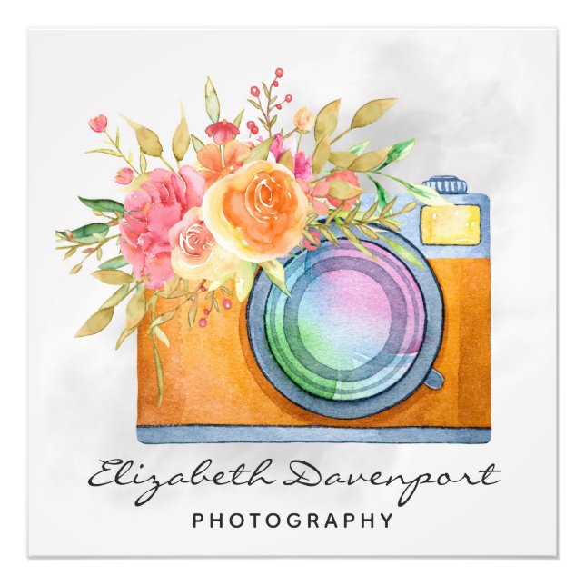 Impression Photo Boho Orange Caméra & Bouquet Floral Aquarelle (Devant)