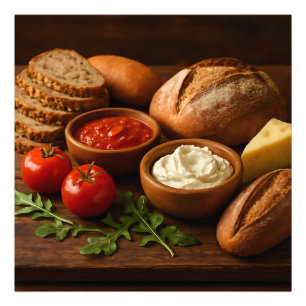 Impression Photo Bois rustique avec fromage artisanal pains