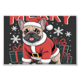 Impression Photo Bouledogue français chapeau de Père Noël Joyeux No