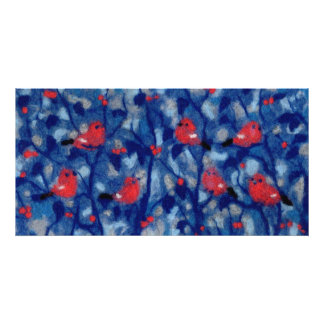 Impression Photo Bouvreuils, oiseaux rouges arbres forestiers bleus