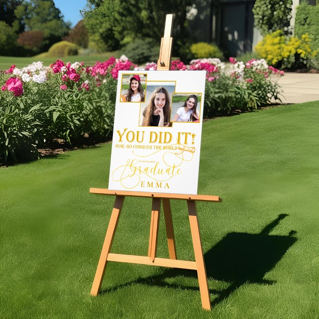 Impression Photo Cadeau de fin d'études blanc et or avec plusieurs  (White and Gold Graduation Multi Photo Keepsake Poster)