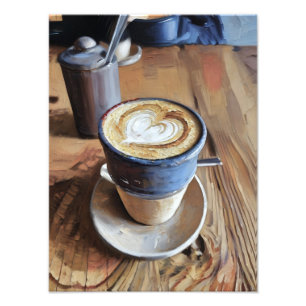 Impression Photo Café en Coupe Bleue sur table en bois