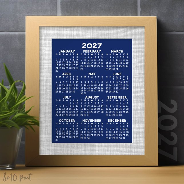 Impression Photo Calendrier 2027 - vue annuelle verticale - Bleu (8x10 Print with a 2027 Calendar - perfect to frame in your home or office)