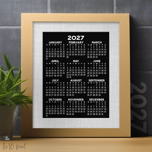 Impression Photo Calendrier 2027 - vue annuelle verticale - Noir (8x10 Print with a 2027 Calendar - perfect to frame in your home or office)