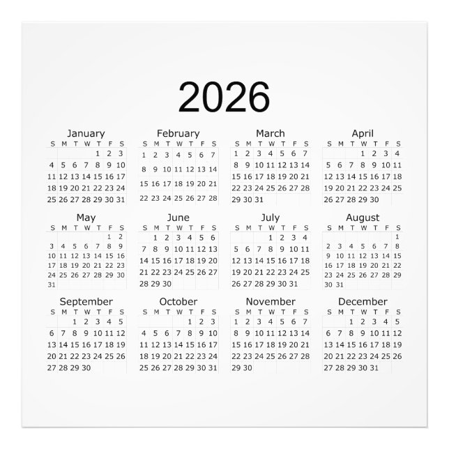 Impression Photo Calendrier minimaliste simple 2026 (Devant)