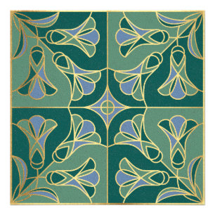 Impression Photo Carrelage Art Déco Floral. Vert, Bleu et Or