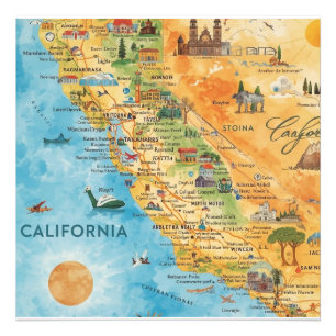Impression Photo Carte de Californie illustrée à l'aquarelle