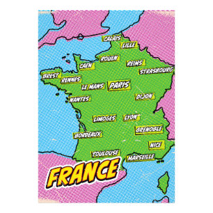 Impression Photo Carte de France illustrée dans le style Pop Art
