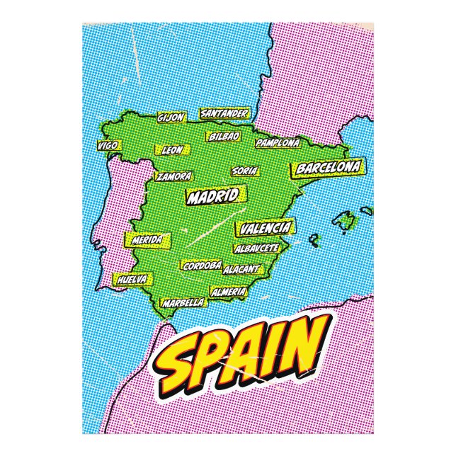 Impression Photo Carte de l'Espagne illustrée par Pop Art (Devant)