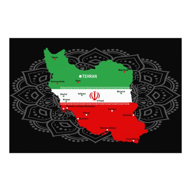 Impression Photo Carte de l'Iran avec drapeau et emblème (Devant)
