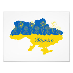 Impression Photo Carte de l'Ukraine avec tournesol et drapeau ukrai