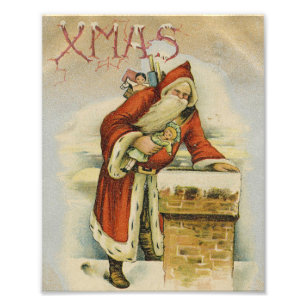 Impression Photo Carte de Noël vintage, Père Noël, Cheminée